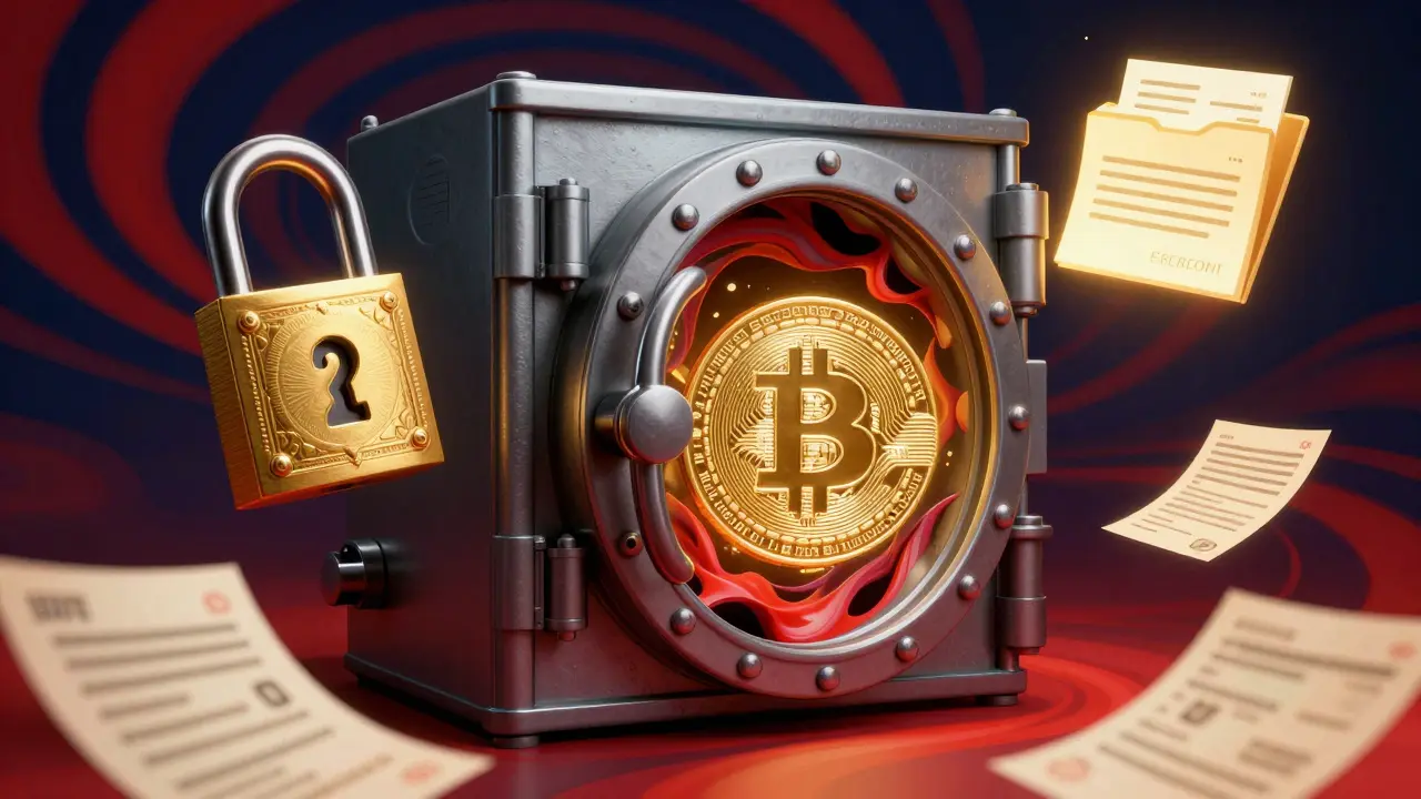 Abstract illustration of a dissolving bank vault and digital security locks