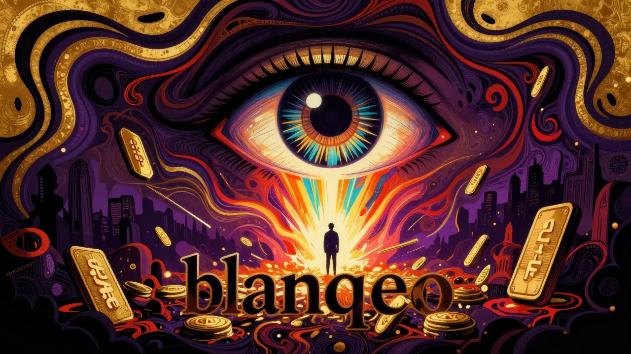 Abstract illustration of a giant eye overseeing the transition of digital assets into the light.