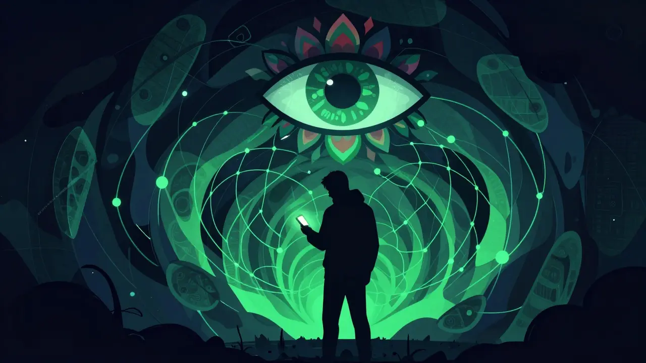 Abstract illustration of a person using a digital device hidden within a colorful, swirling web.