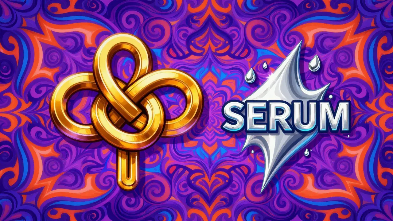 Abstract illustration of KNOT and SERUM tokens amidst colorful psychedelic swirls.