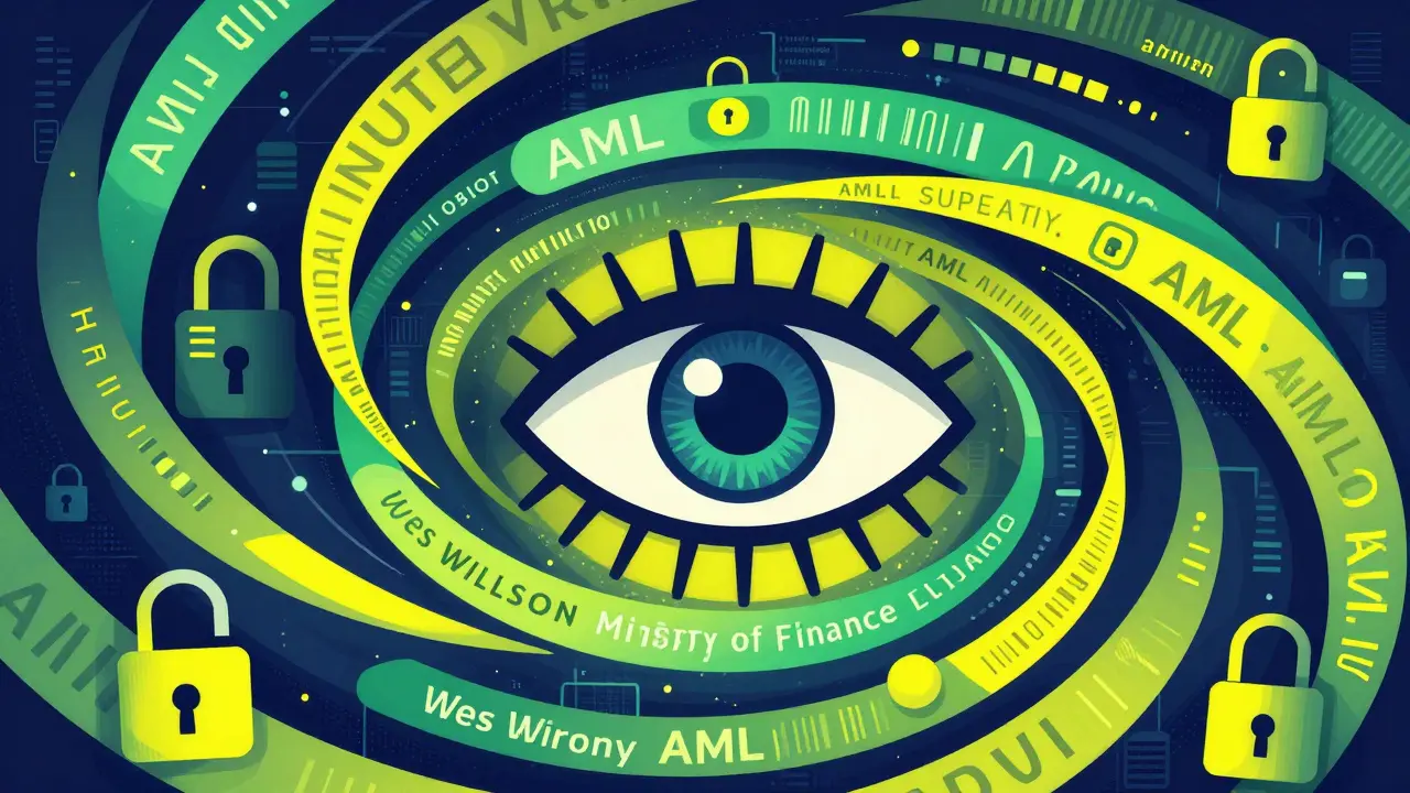 Abstract illustration of regulatory security and oversight for crypto providers in a psychedelic style.