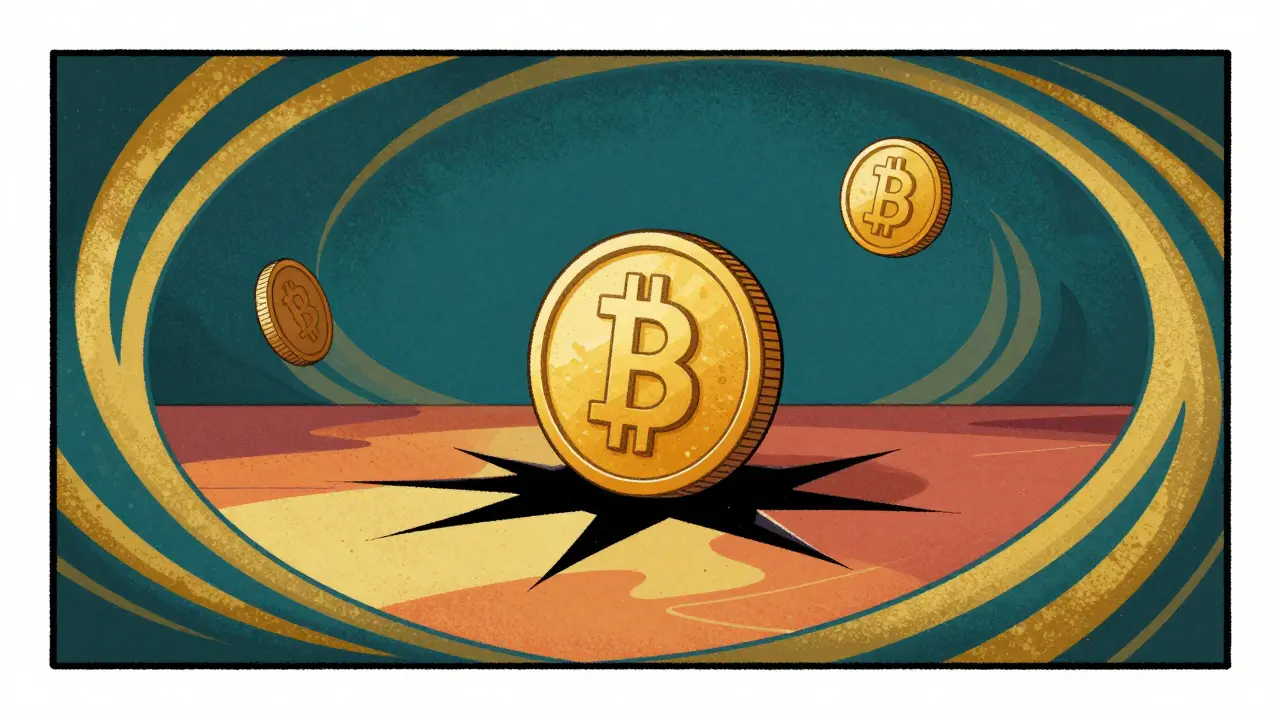 Abstract psychedelic art depicting a digital coin falling through a crack in the floor.