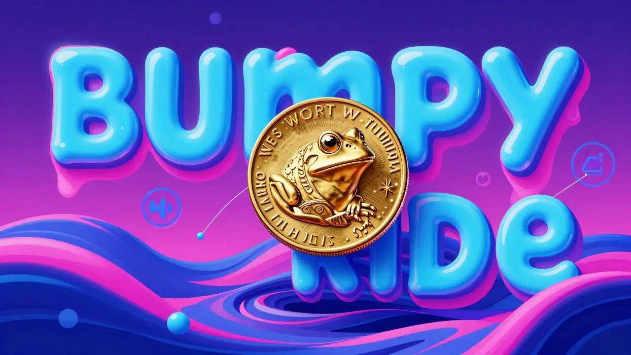 Abstract psychedelic art showing a frog-themed Roman coin in a swirling sea of neon colors.