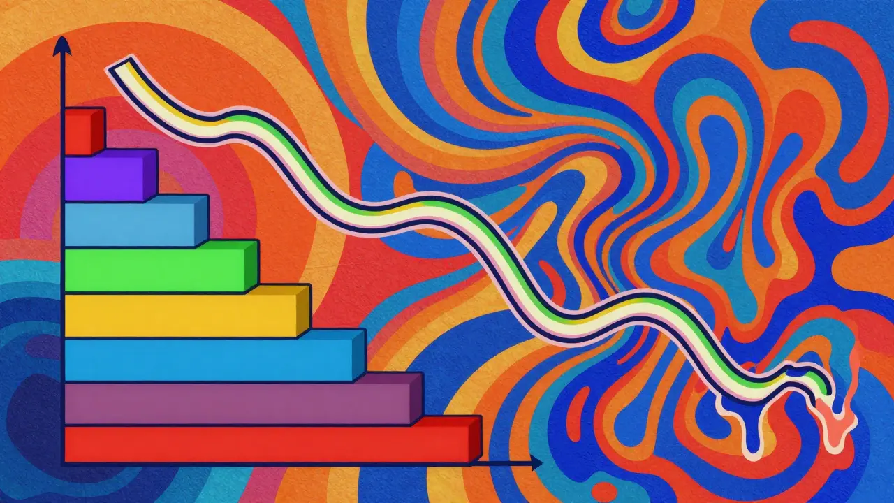 Abstract psychedelic depiction of a volatile crypto price graph and staking blocks