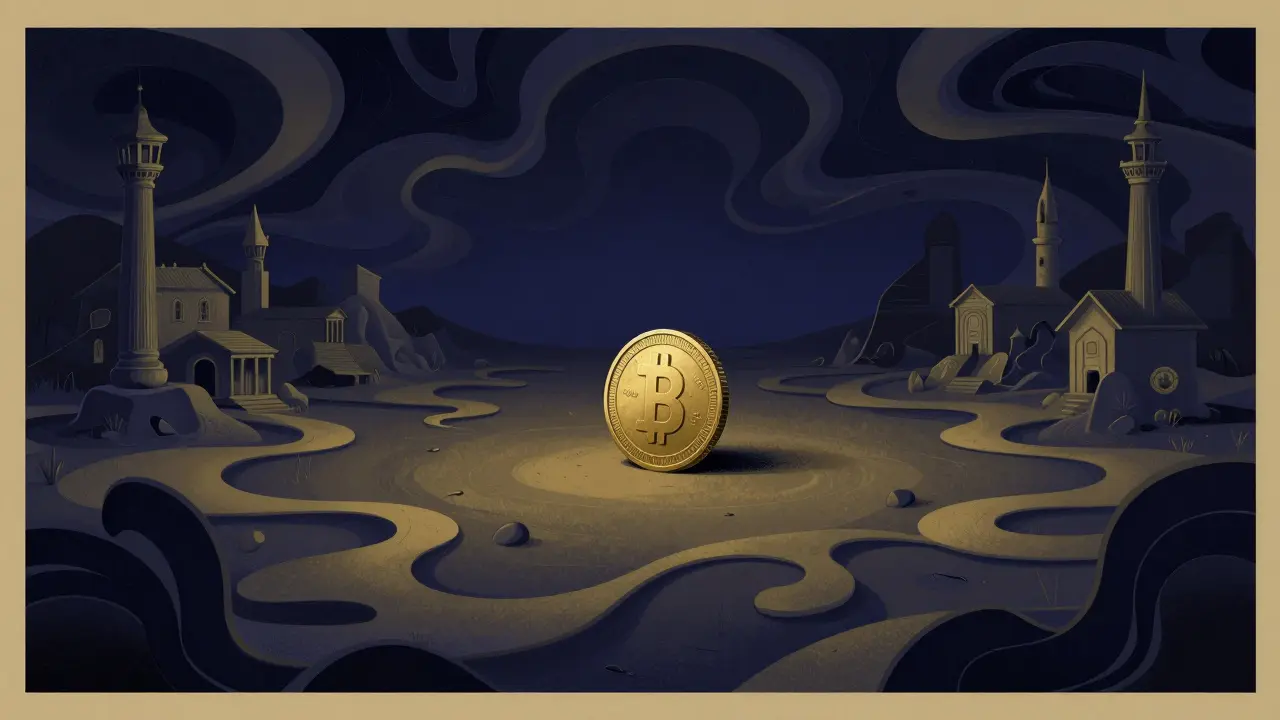 Abstract psychedelic landscape depicting a lonely digital coin in a desolate, swirling void.