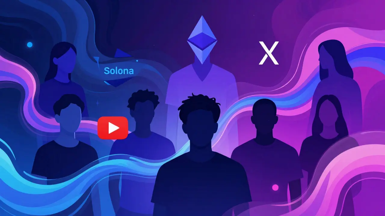 Abstract stylized depiction of livestreamers connected by colorful digital ribbons and crypto logos.