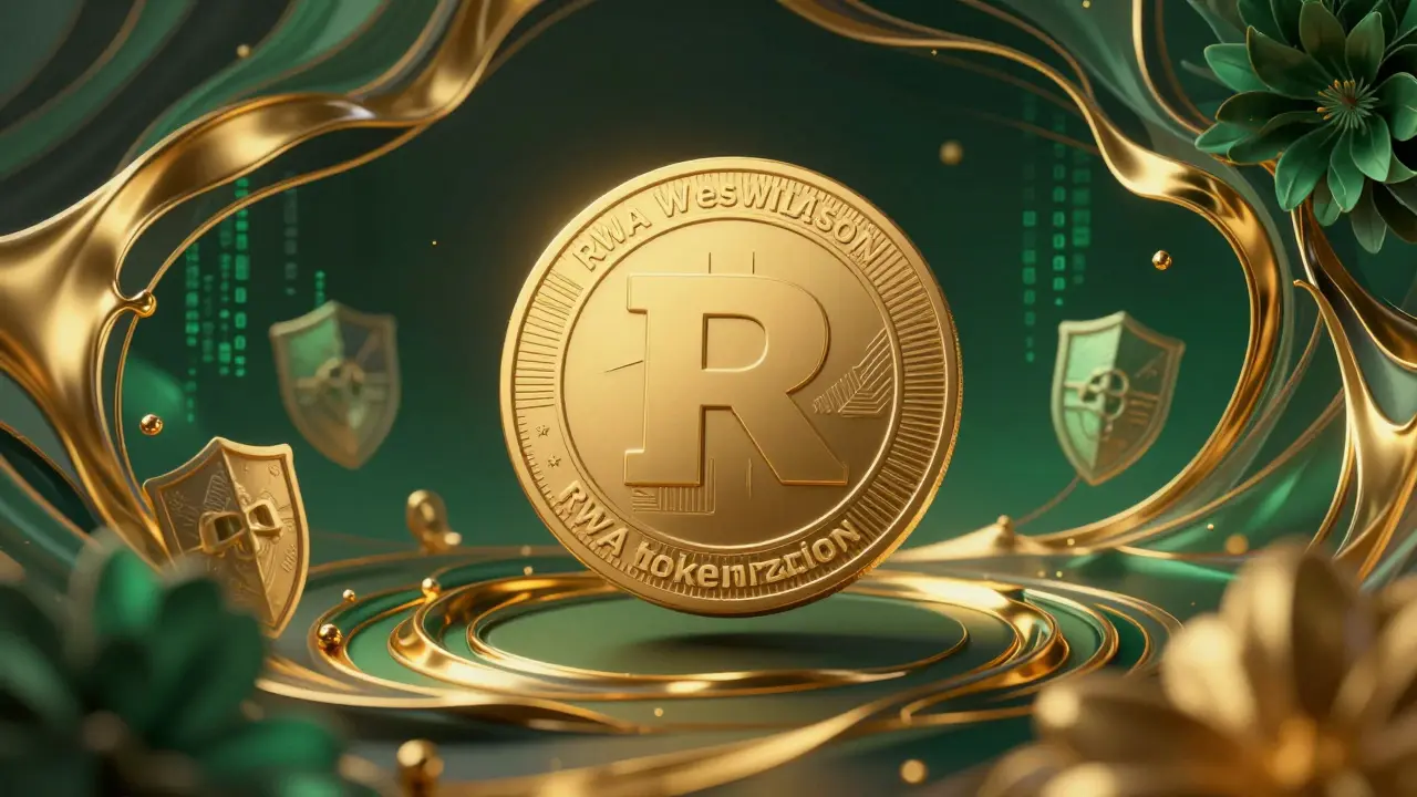 Abstract token surrounded by flowing colors and cybersecurity symbols.