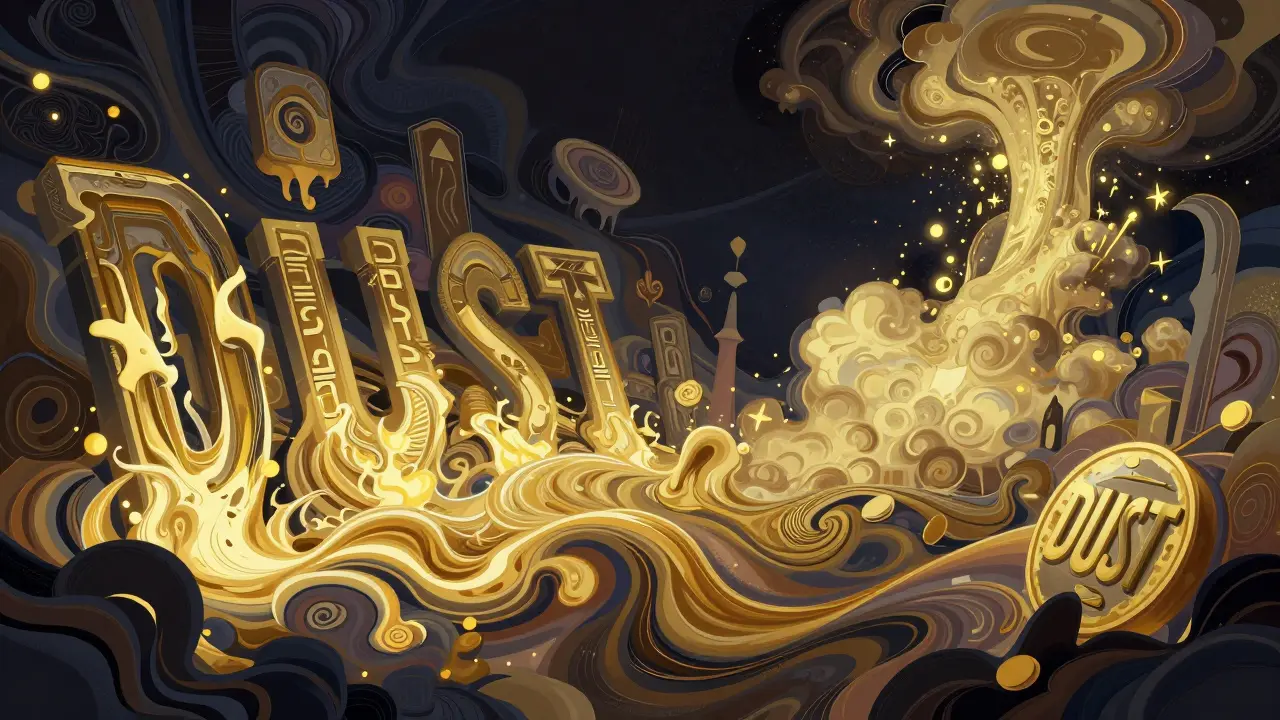 Abstract Wes Wilson style art depicting different versions of DUST tokens as fluid shapes.