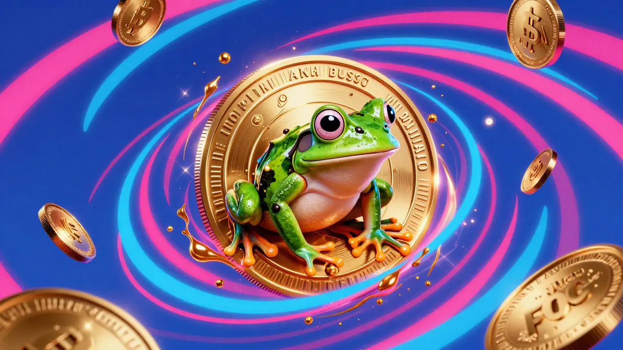 Abstract Wes Wilson style artwork showing a frog in a swirling vortex of gold and neon colors.