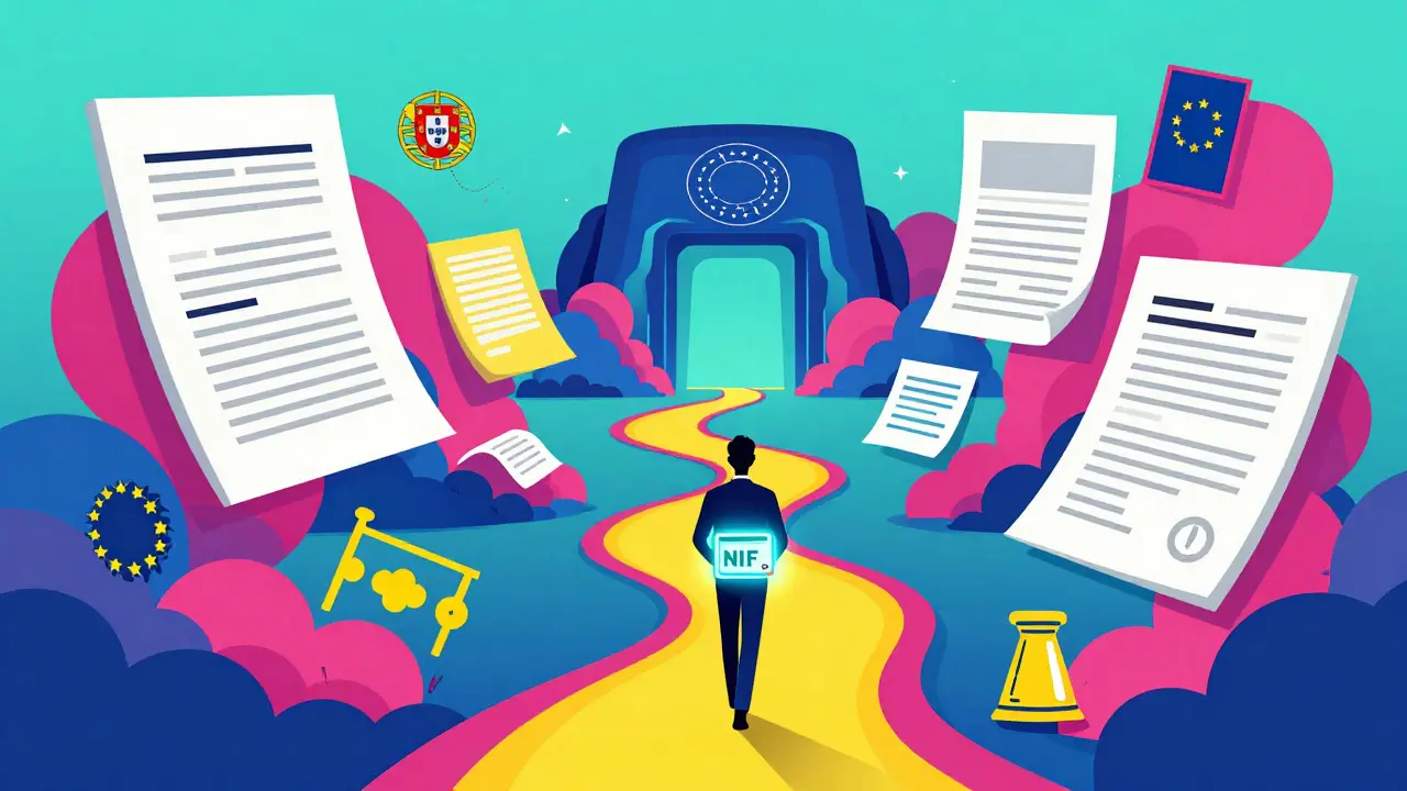 Colorful illustration of a person navigating Portuguese bureaucracy toward EU regulations.