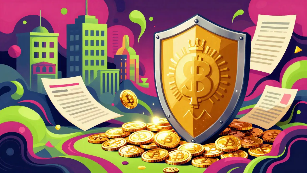 Colorful stylized artwork showing a gold shield protecting digital coins.
