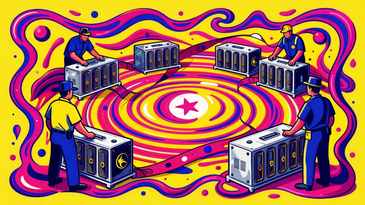 Colorful stylized depiction of customs authorities seizing crypto mining hardware.