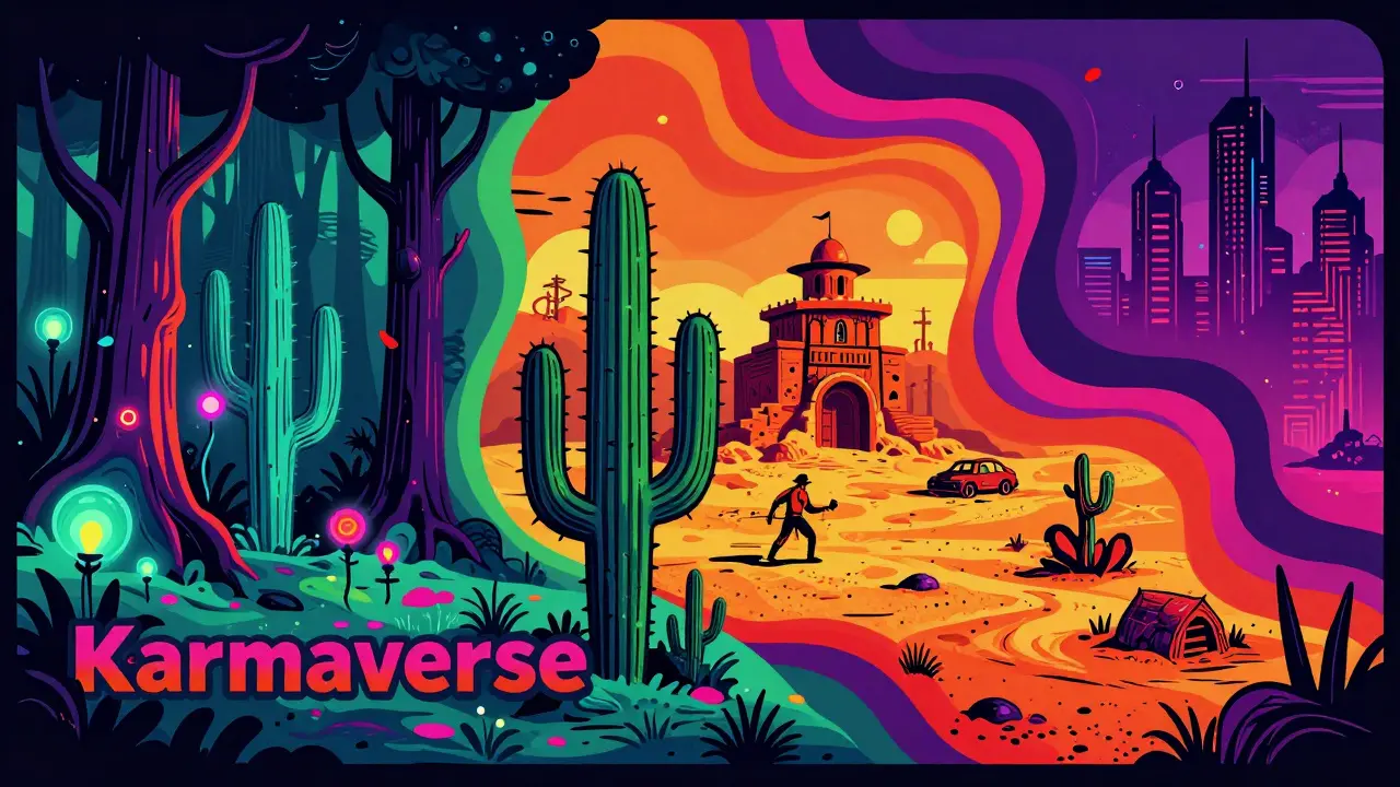 Colorful stylized depiction of fantasy, Old West, and cyberpunk game environments.
