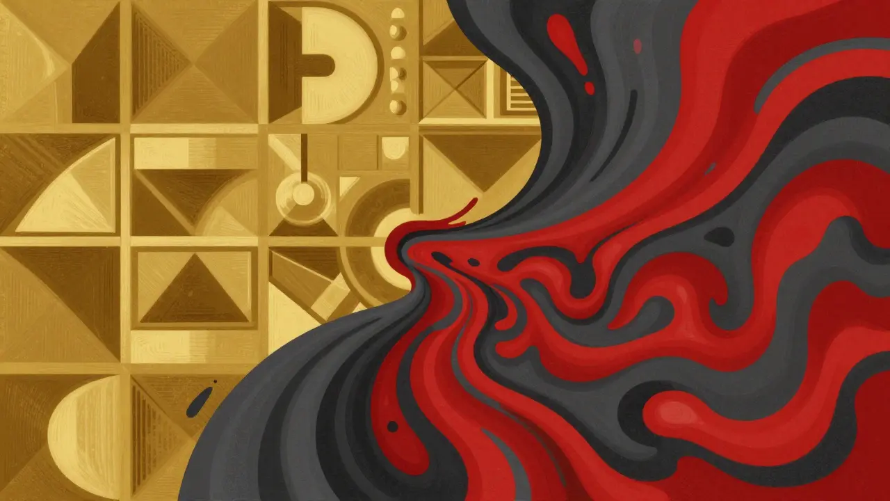 Contrast illustration between structured golden shapes and chaotic melting swirls