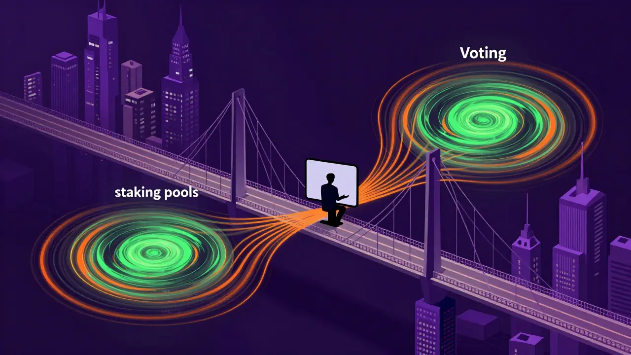Fluid artistic representation of a digital bridge leading to a decentralized governance city.