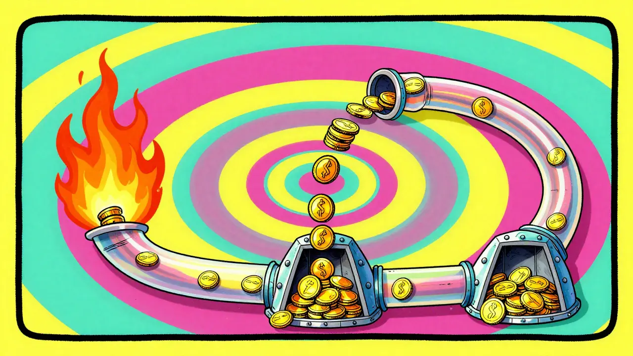 Golden coins moving through tubes into flames representing economic cycles