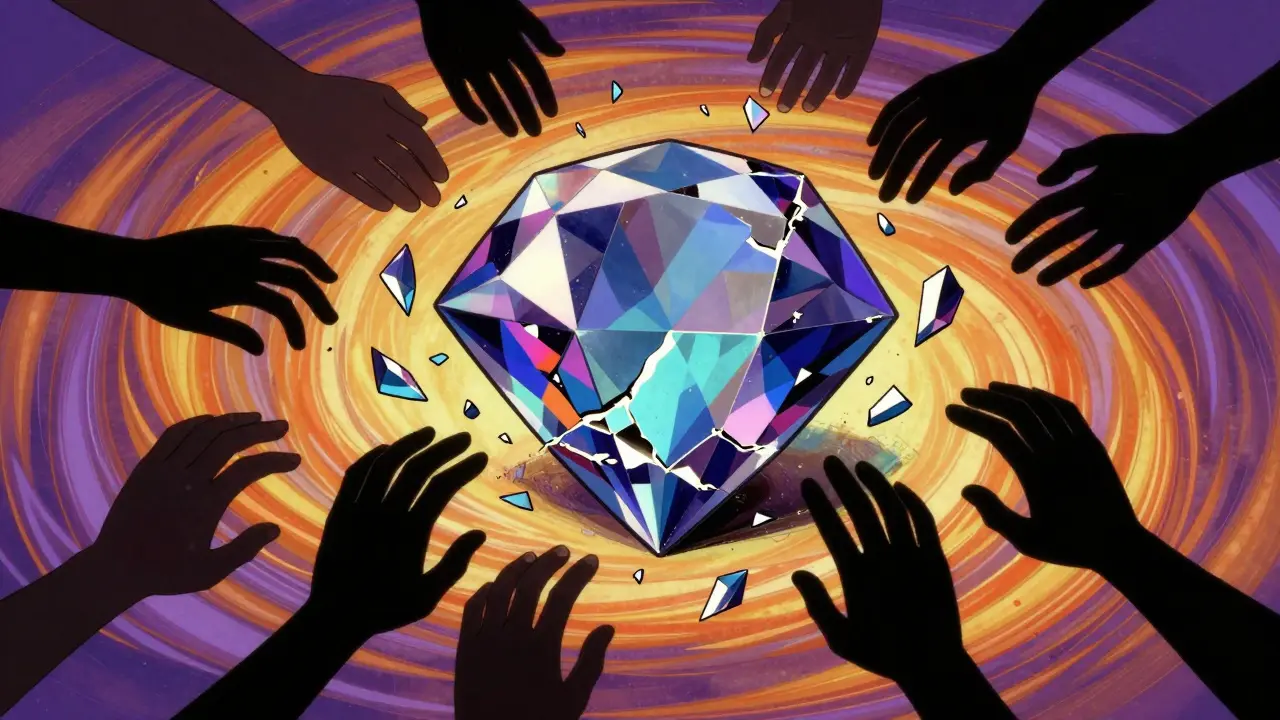 Large gemstone fragmented into small pieces distributed to crowd