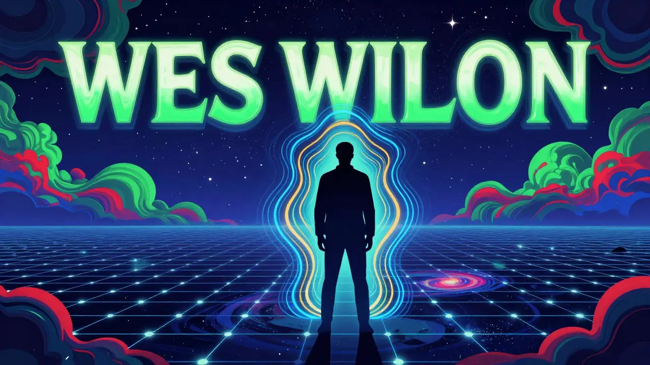 Silhouette of a person protected by a glowing aura in a cosmic blockchain landscape