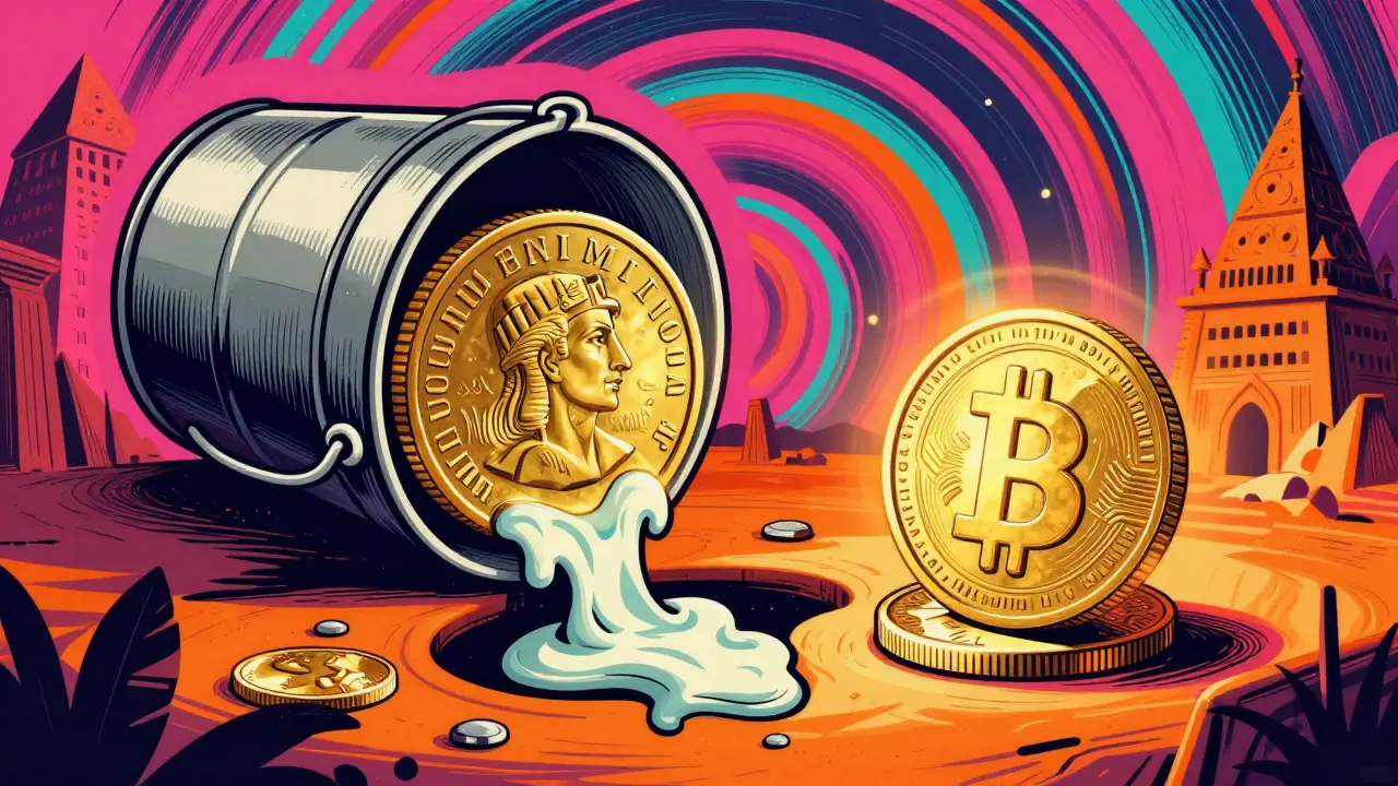 Stylized art of a melting Egyptian pound coin next to a glowing digital asset in a colorful swirl.