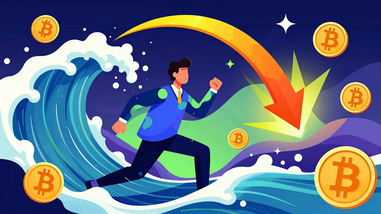 Stylized art showing a trader caught in a neon wave of crypto symbols representing high leverage risks.