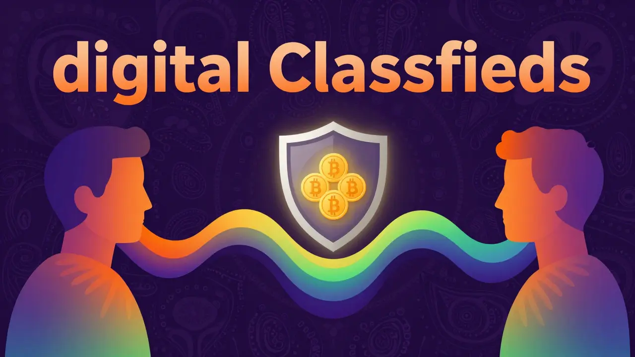 Stylized artistic depiction of two traders connected by a secure escrow bridge