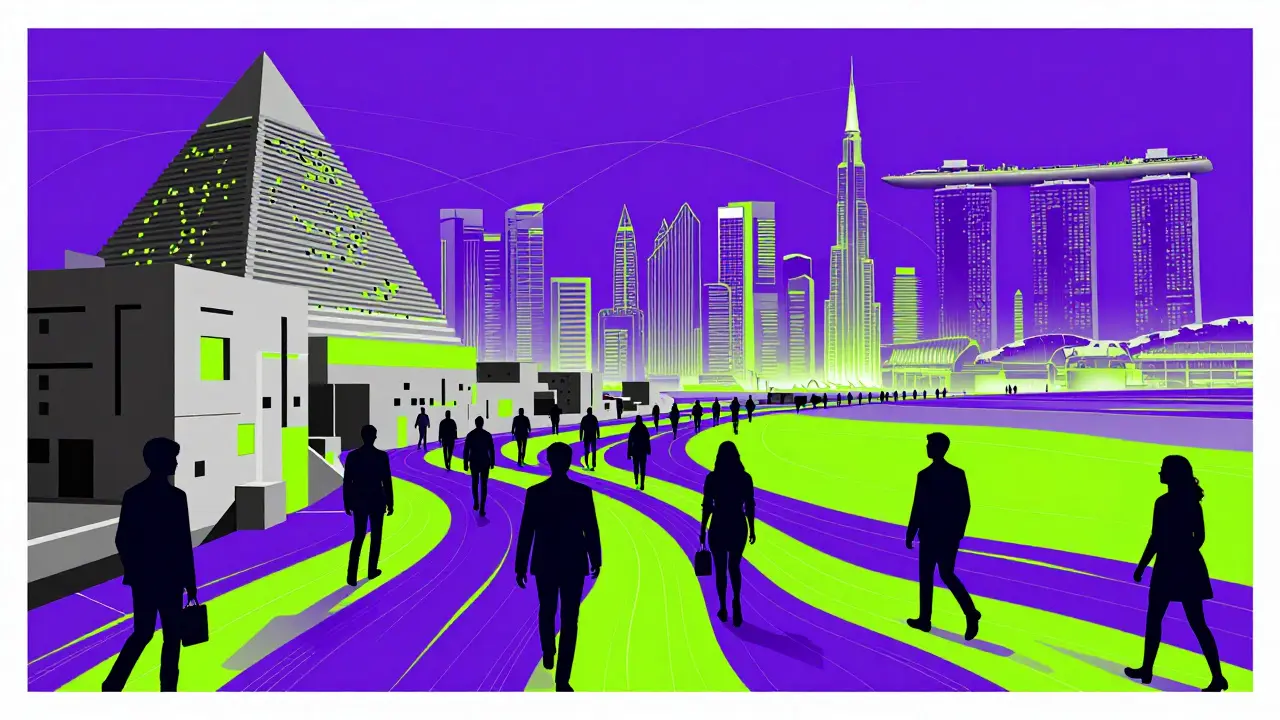 Stylized colorful silhouettes of people migrating from a gray city to a neon skyline.