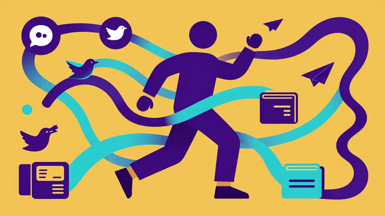 Stylized figure navigating flowing social media icons and digital wallets in a colorful abstract design.