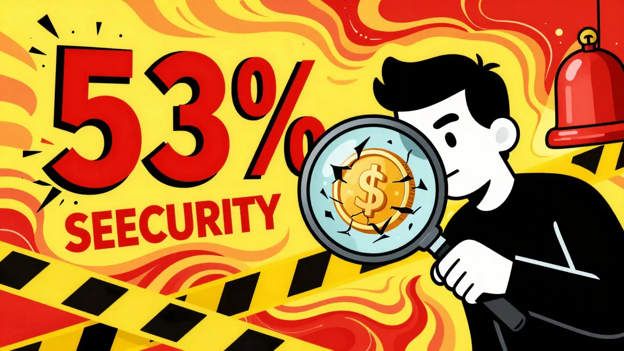 Stylized graphic showing a figure examining a crumbling coin with a high-risk security percentage.