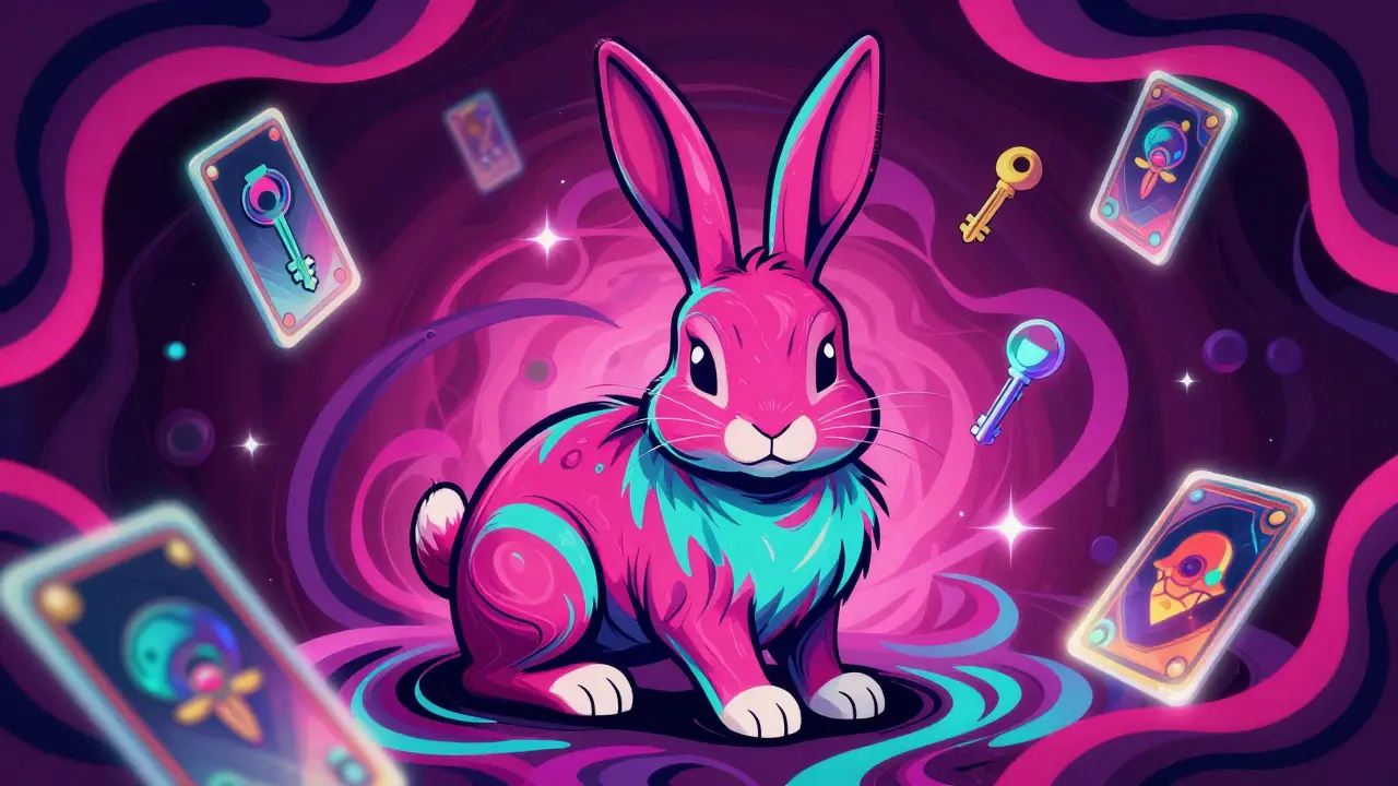 Stylized psychedelic rabbit surrounded by holographic gaming cards and digital keys.