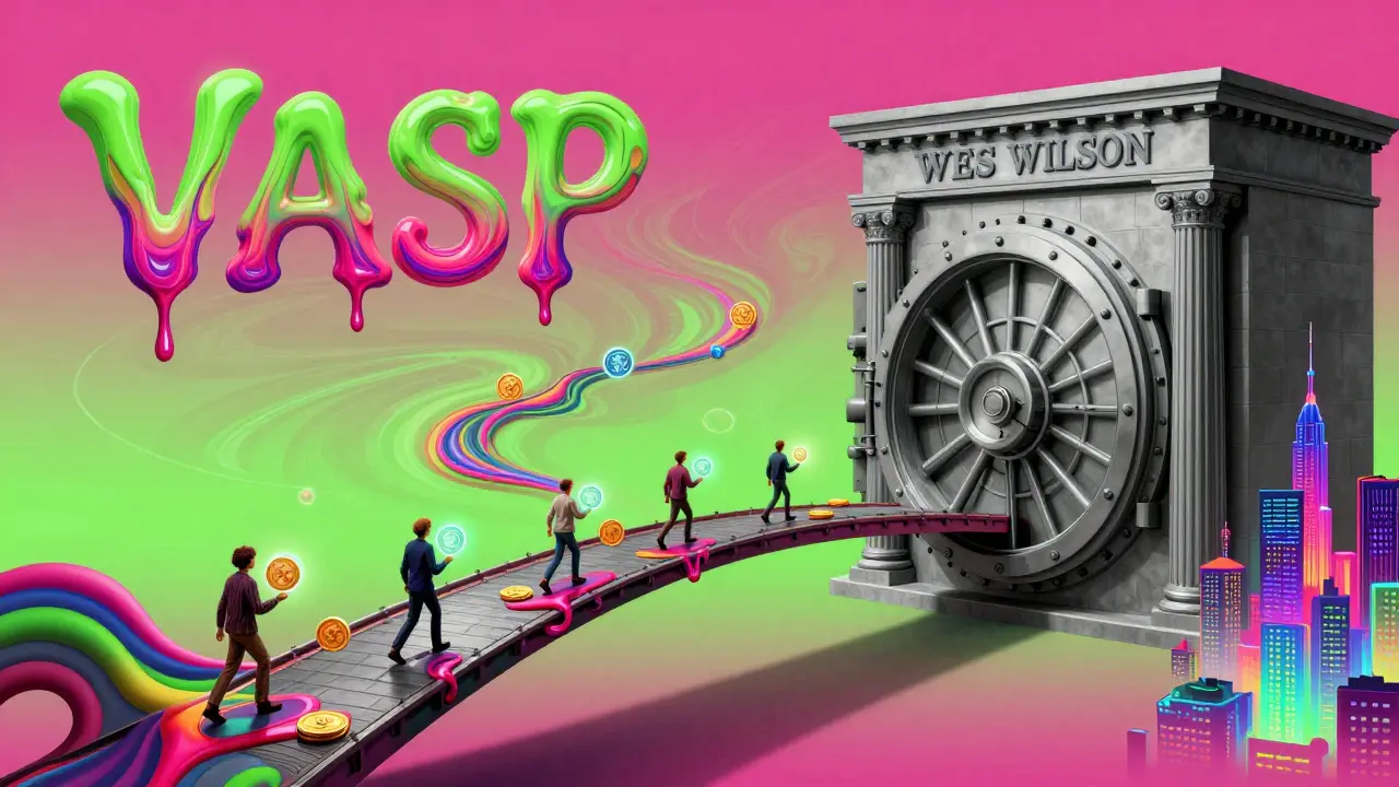 Surreal flowing bridge connecting a bank vault to a digital crypto city in a psychedelic style.