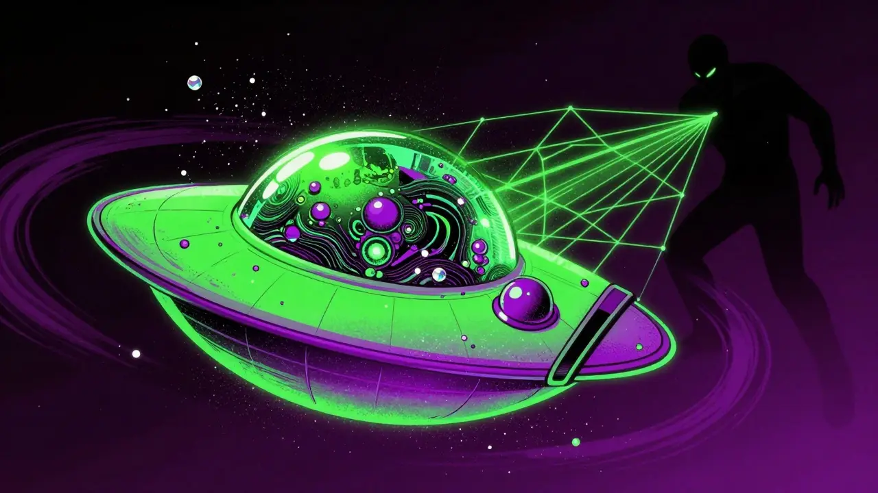 Surreal illustration of a digital wallet surrounded by tiny iridescent crypto dust particles.