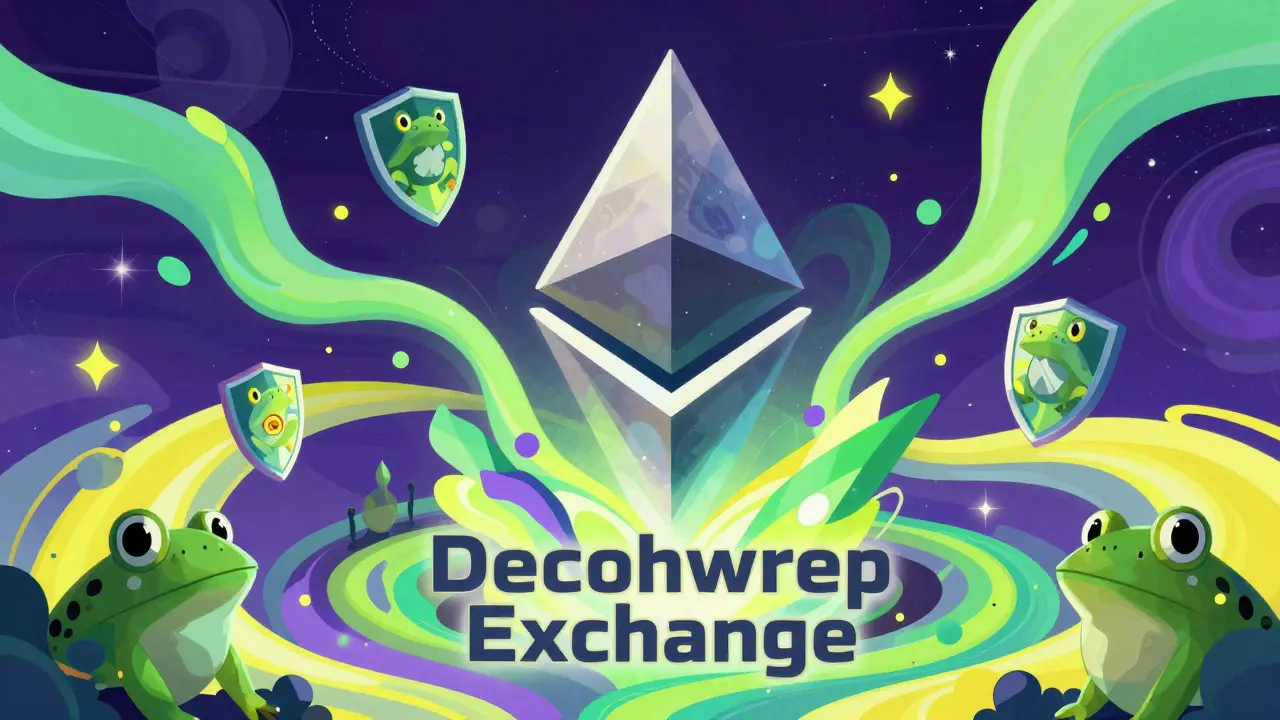 Vibrant illustration of an Ethereum crystal surrounded by flowing colors and Roman shields.