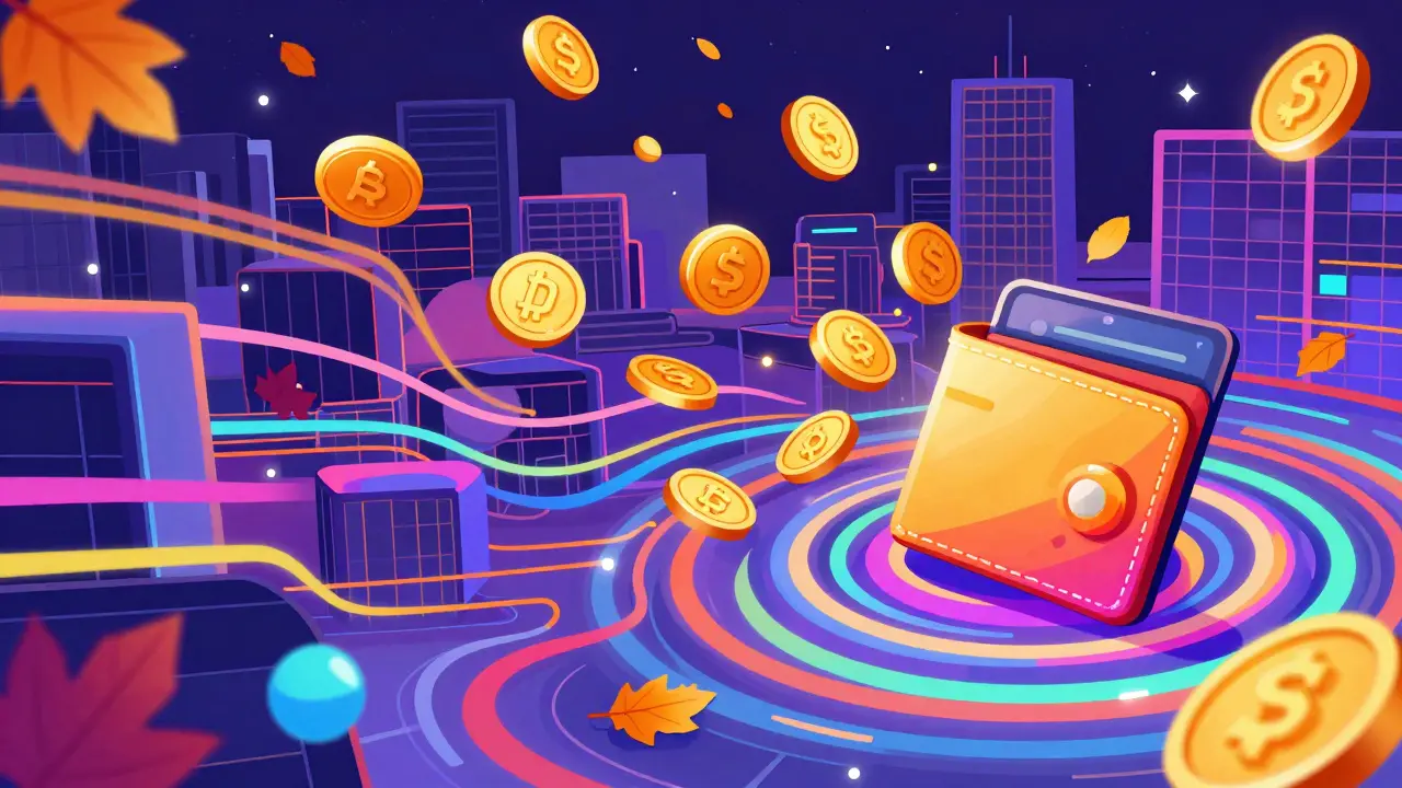 Wes Wilson style art showing golden tokens flowing into a stylized digital wallet vortex