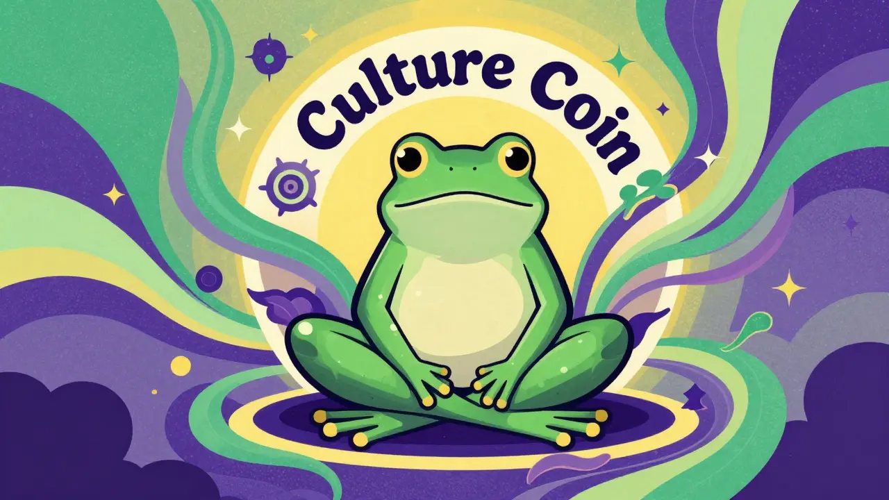 Wes Wilson style illustration of a meditative frog surrounded by flowing psychedelic patterns.