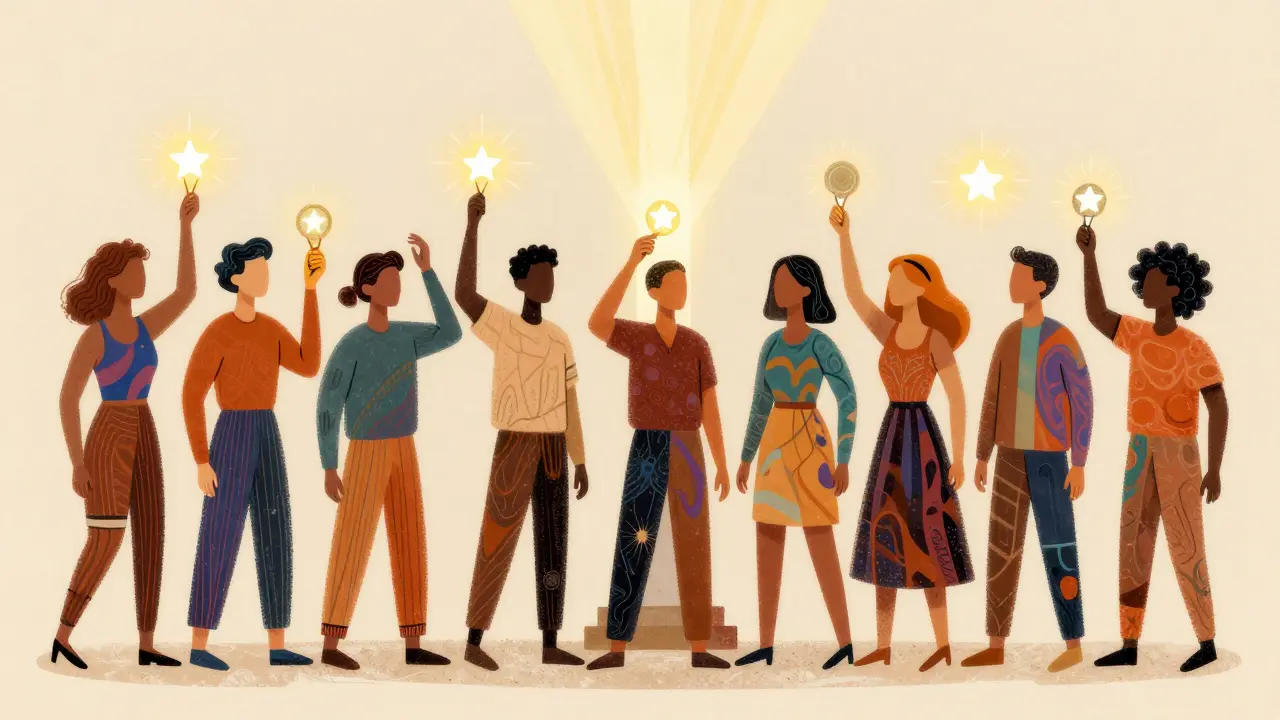 Abstract figures holding glowing tokens to vote on community charitable funding directions.