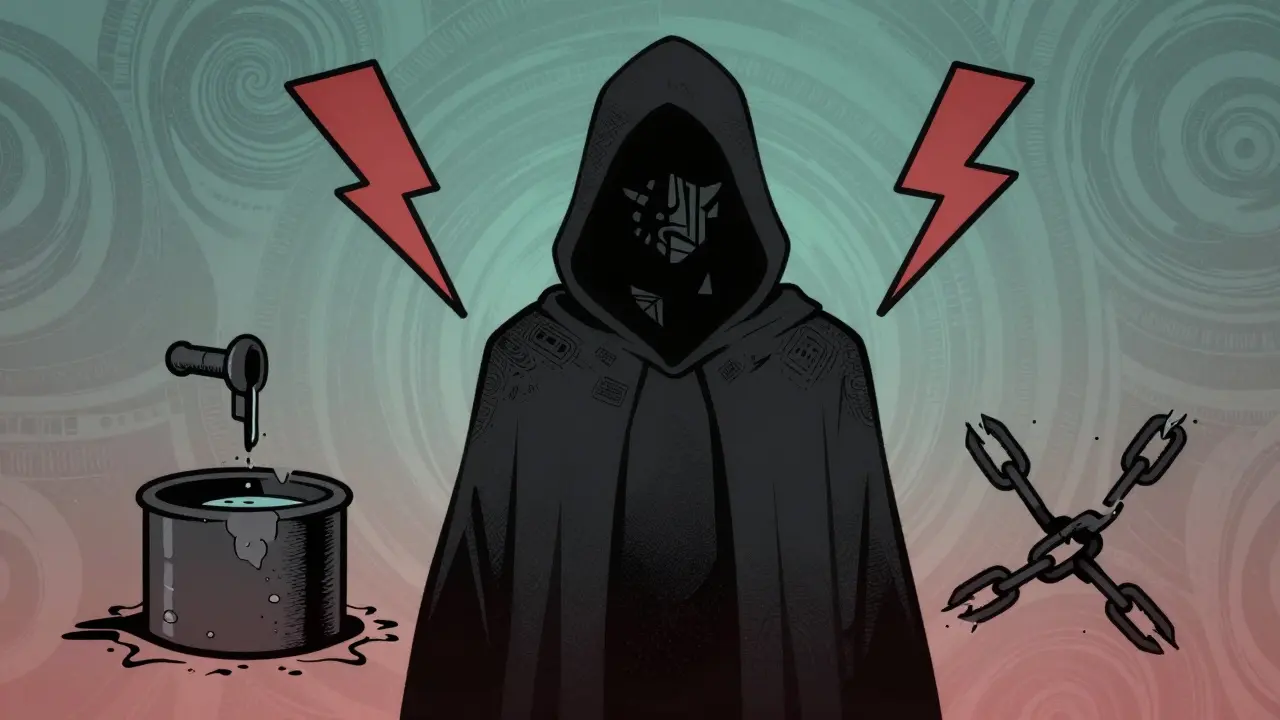 Art depicting anonymous founder surrounded by investment risk symbols