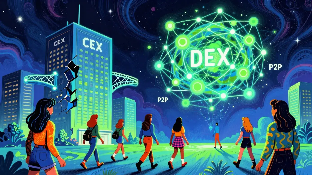 Artistic depiction of traders migrating from centralized to decentralized crypto platforms