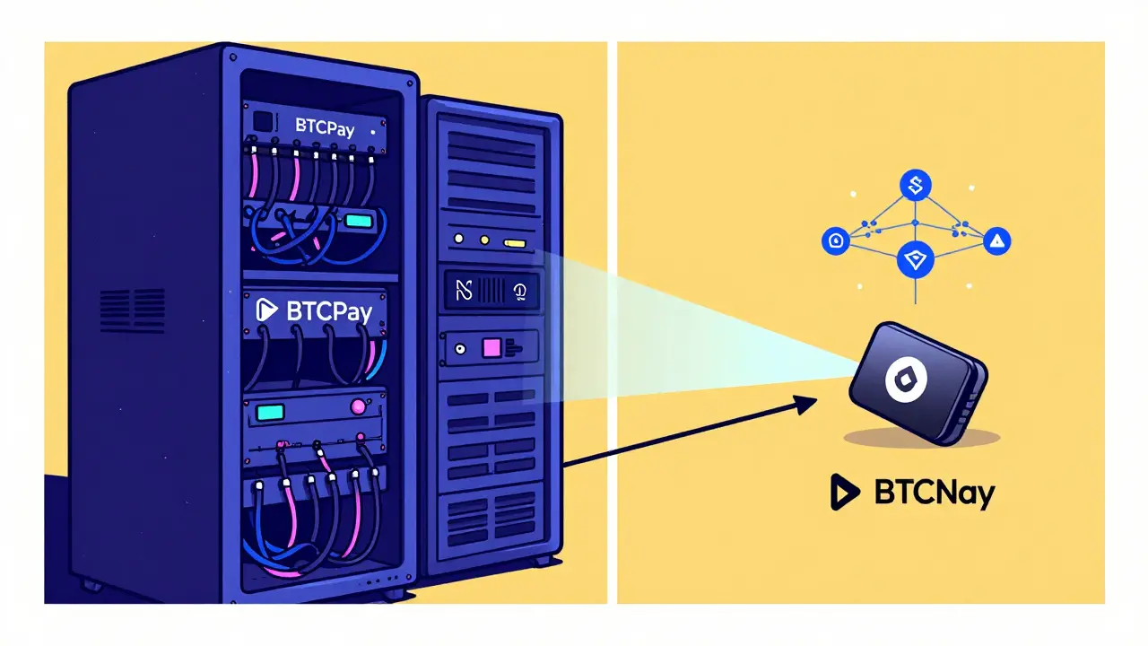 Cartoon comparing complex self-hosted servers vs simple non-custodial wallets.