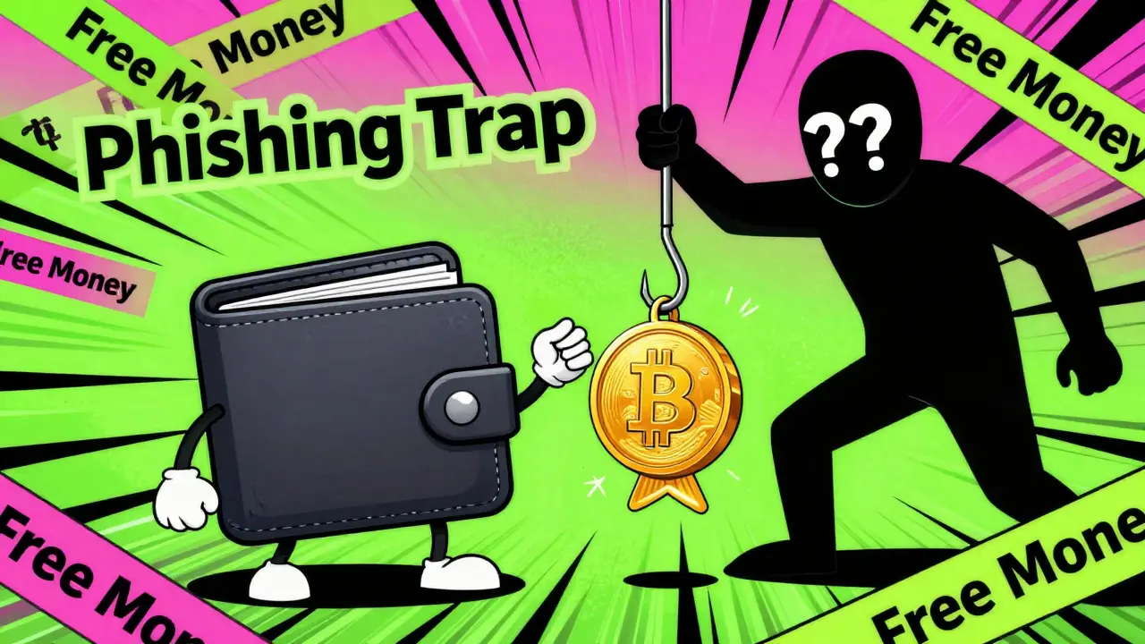Cartoon of a crypto wallet being lured by a fake free token scam