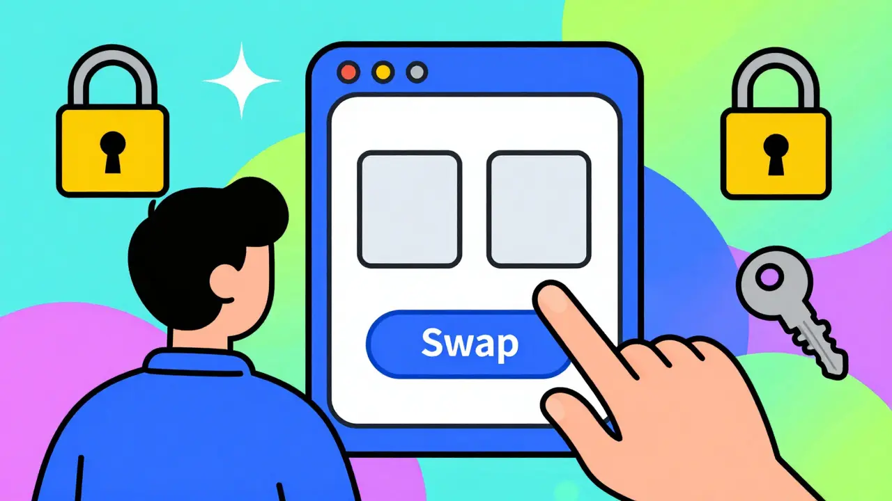 Cartoon of a simple swap screen highlighting ease of use and self-custody security