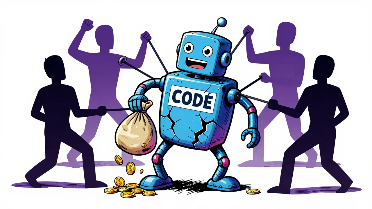 Cartoon robot with cracked code panel having coins drained by shadowy hacker figures