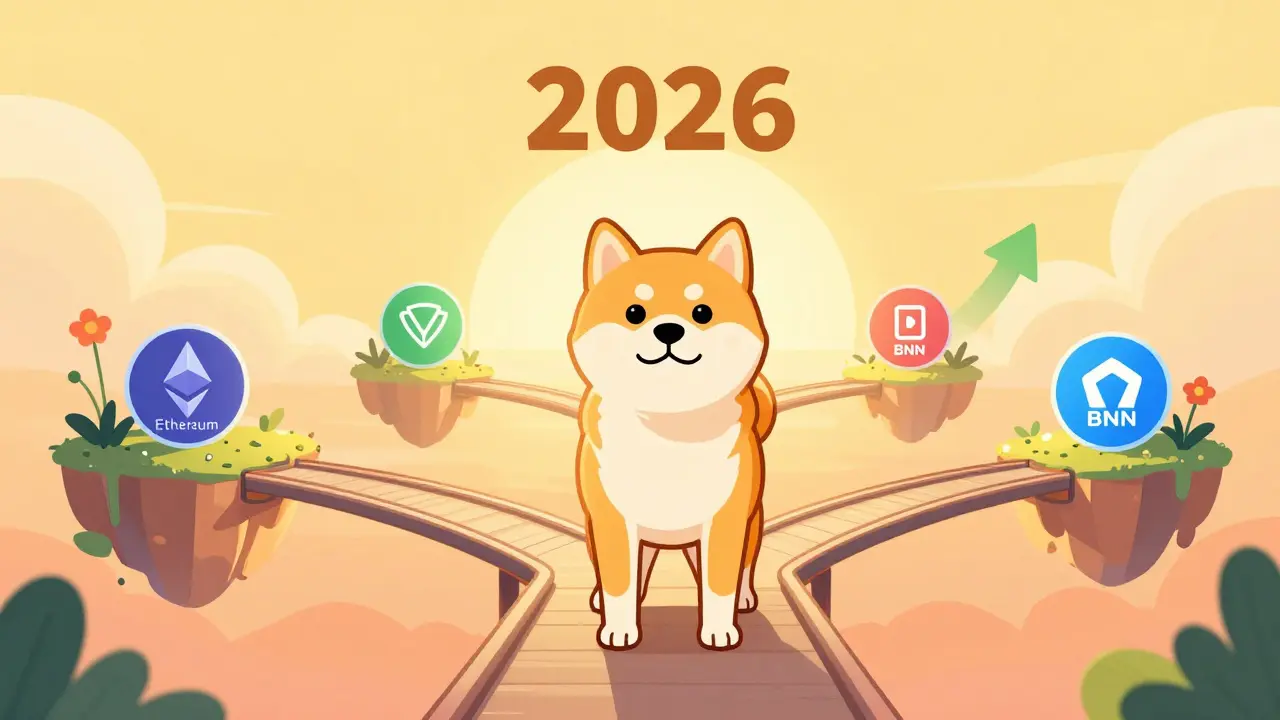 Cartoon Shiba dog on a cross-chain bridge with growth symbols