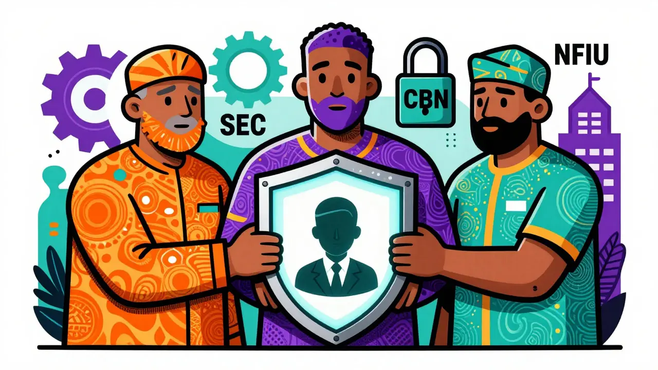 Cartoon style art of three regulators forming a protective shield over a crypto user in Nigeria.