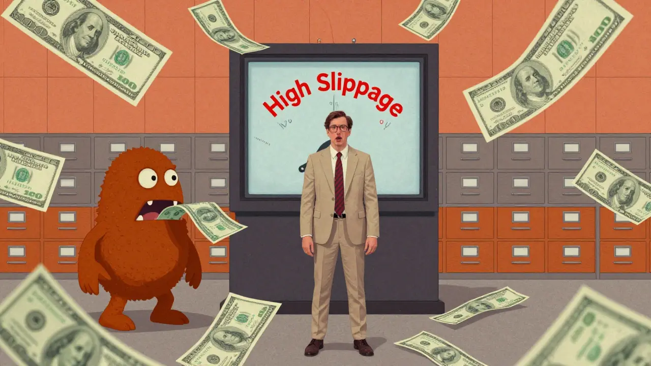 Cartoon trader facing a slippage gauge while money is consumed by gas fee monsters in a retro office setting.