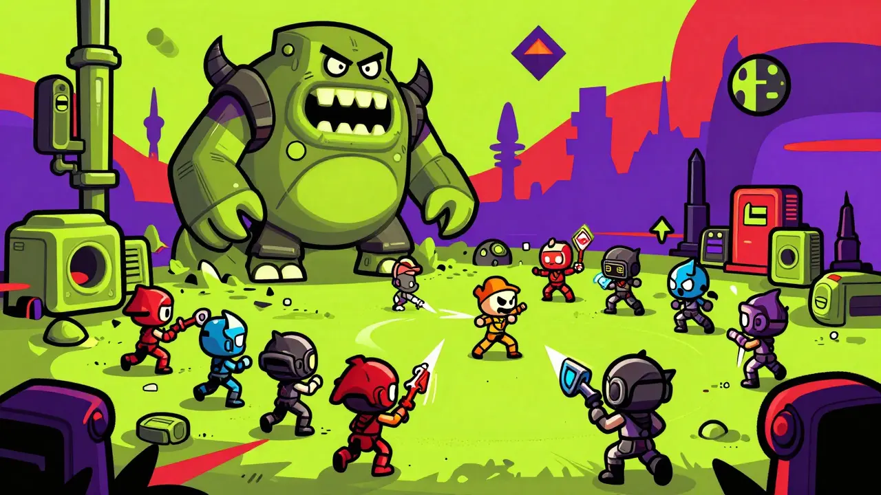 Chibi characters fighting a boss in a vibrant AI-driven game world