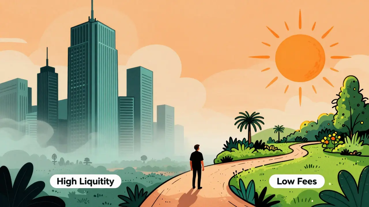 Conceptual illustration comparing liquidity depth and fees