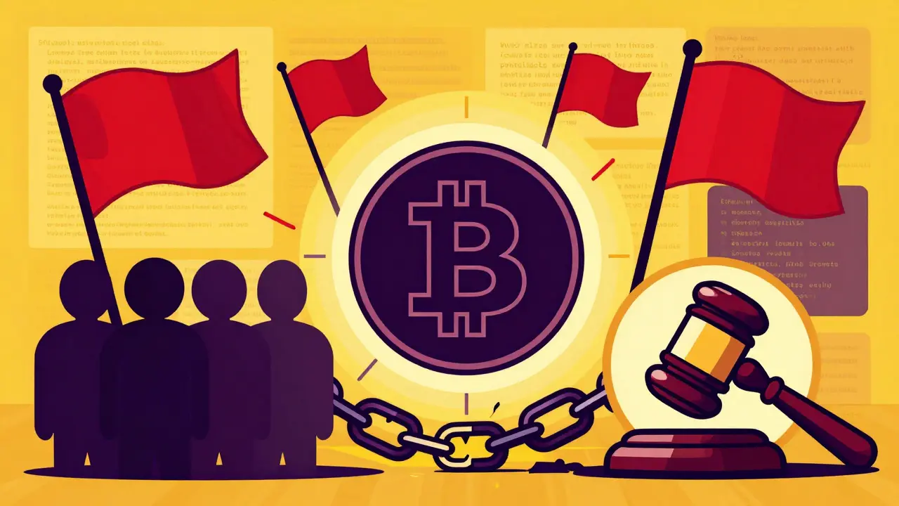 Cryptocurrency red flags including anonymity and regulatory risks illustrated