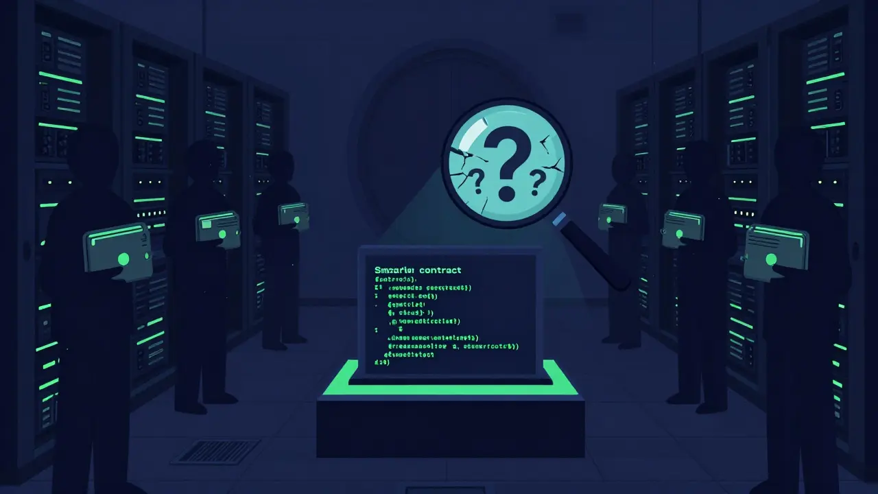 Dark, symmetrical view of an unverified smart contract code block surrounded by shadowy wallet holders.
