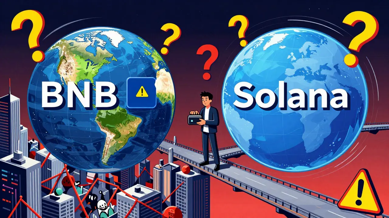 Figure crossing a fragile bridge between two blockchain worlds, showing migration risk.