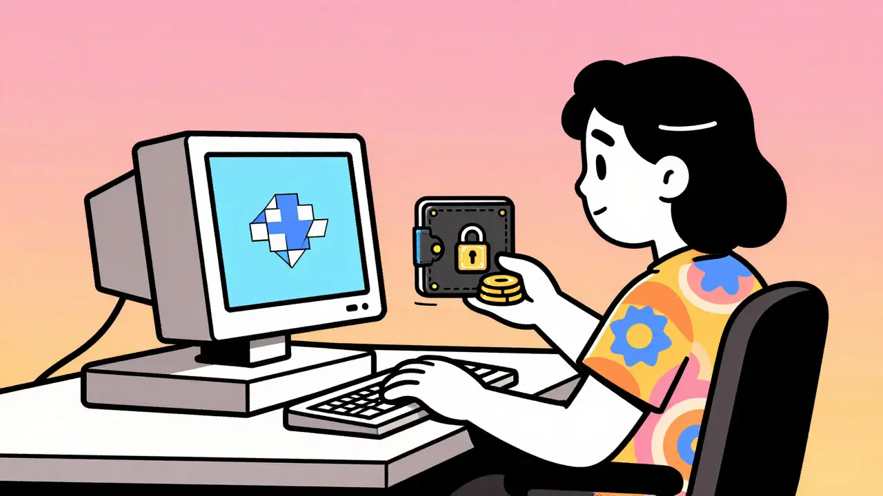 Groovy cartoon of a user securing their wallet and preparing for a crypto token claim.